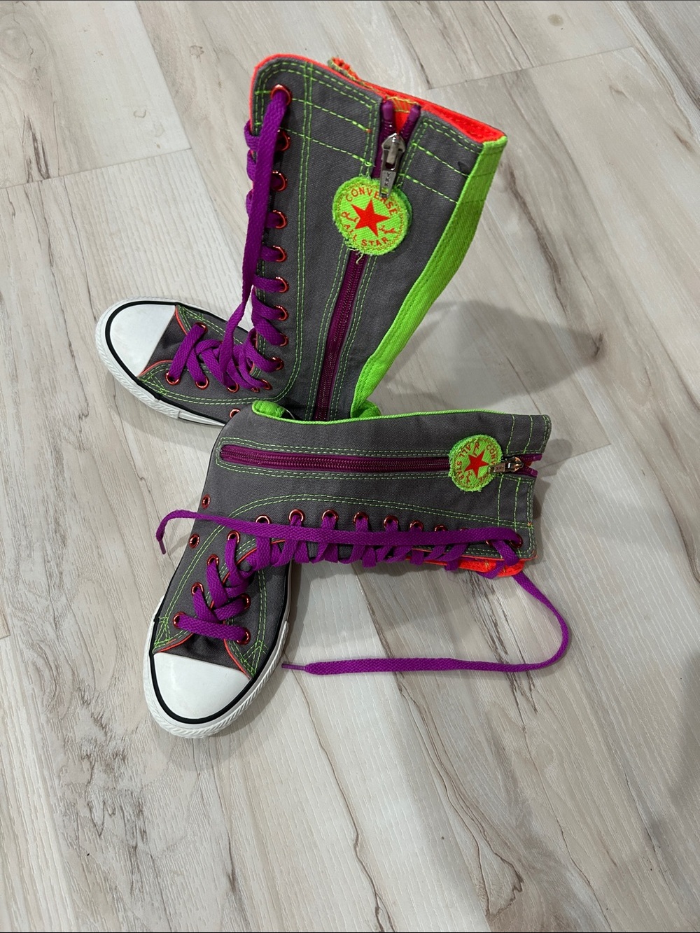 Converse Kids High-Top Canvas Sneakers in Gray with Purple & Neon Green